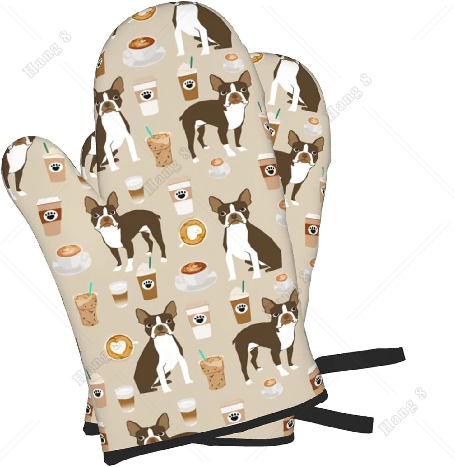 Oven Mitts BBQ Gloves Brown Boston Terrier Dog Dog and Coffee Pattern Non-Slip Heat Resistant Kitchen Oven Mitts Bar Kitchen