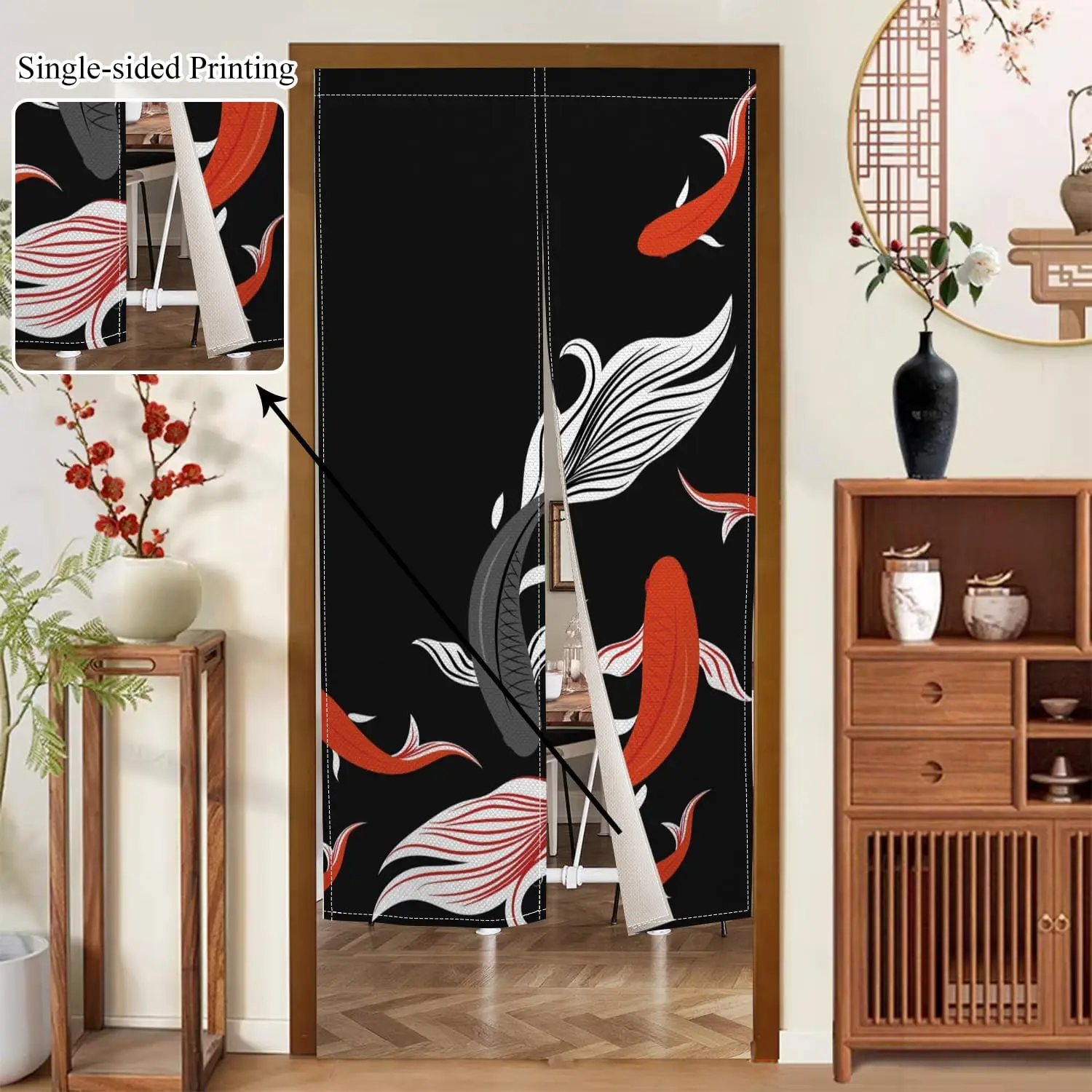 Japanese Koi Fish Pattern Curtain Black White Red Gold Elegant Asian Style Home Bedroom Living Room Doorway Decorative Hanging