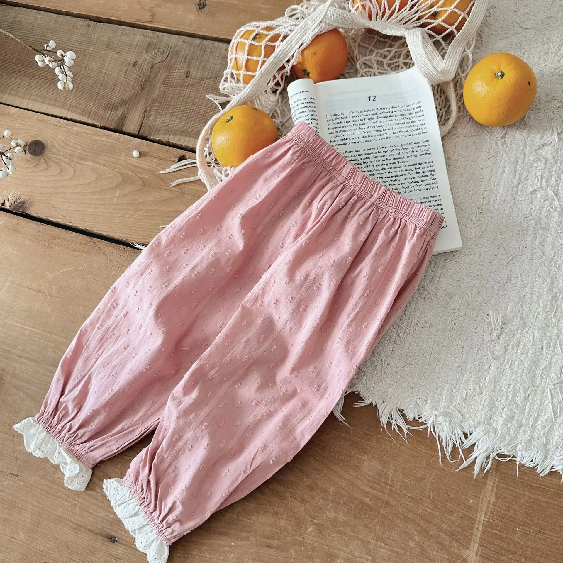 Kids Pants Summer Bud Silk Lace Baby Sweet Breathable Princess Trousers 2024 Simple Fashion Lovely Elastic Waist Solid