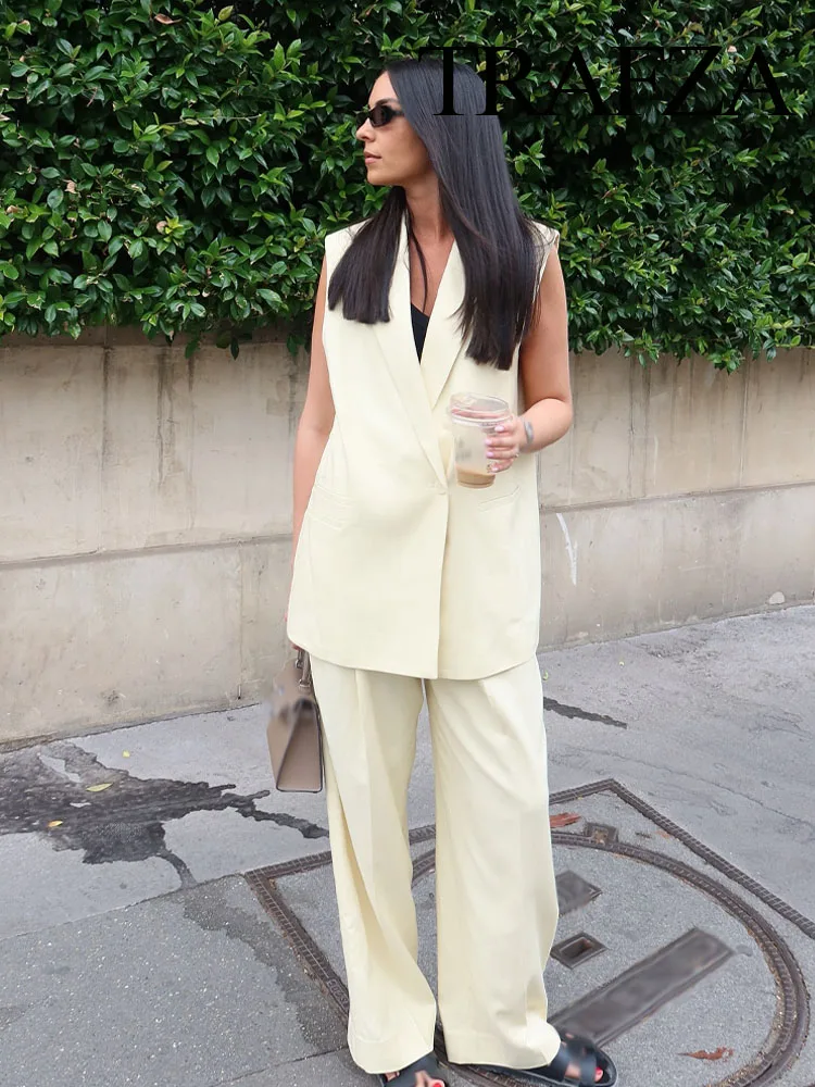 

TRAFZA 2025 Women Summer Sleeveless Suit Solid Turn-Down Collar Pockets Single-Breasted Vest Top+High Waist Zipper Long Pants