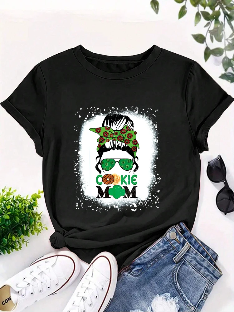 Scout Cookie Mom Girl Troop Messy Bun Sunglasses Women t-shirt Graphic Tees Round neck printing womens t shirts