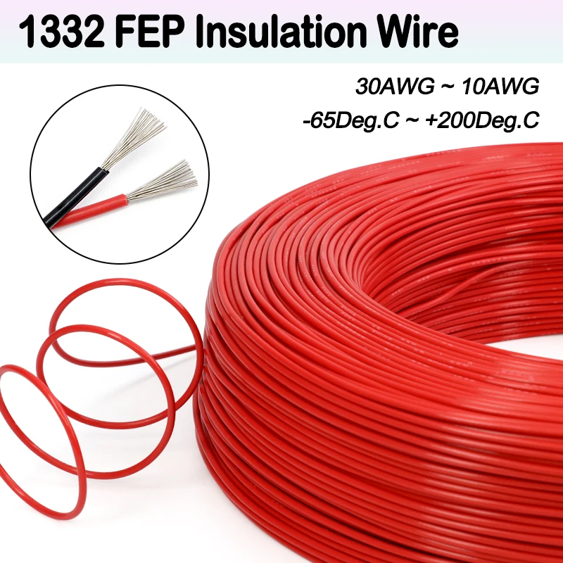 5/10m 1332 FEP Wire Black Red 30 28 26 24 22 20 18 16 14 13 12 11 10AWG High Temperature FEP Insulated Tinned Copper Cable