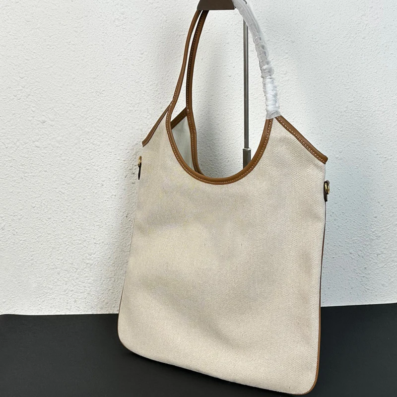 Fashion Large Capacity Underarm Bag Cowhide Leather Simple Casual Canvas Shoulder Bag 2024 New All-match Retro Shopping Tote Bag