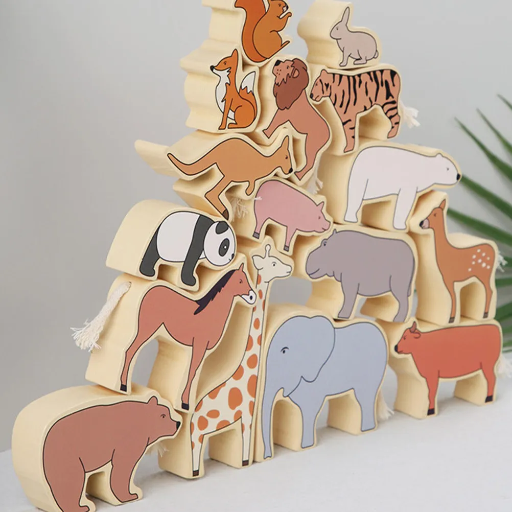 

1 Set Animal Zoo Blocks Wooden Stacking Kids Educational Portable Interactive Baby Early Education Colorful Cartoon Animal