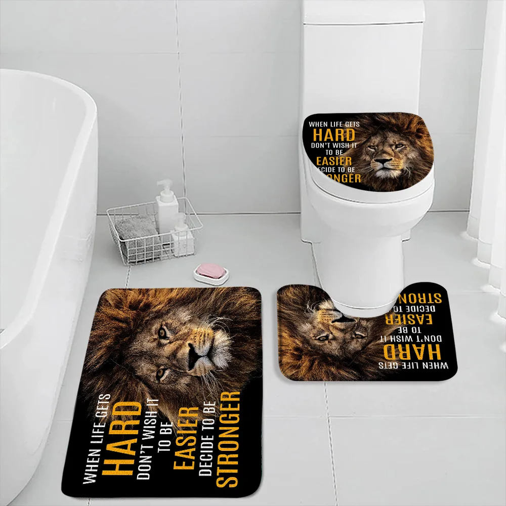 Wild Animals Bath Mat Set Motivational Words Panther Tiger Lion Modern Bathroom Decor Dark Flannel Bathtub Rug Toilet Lid Cover