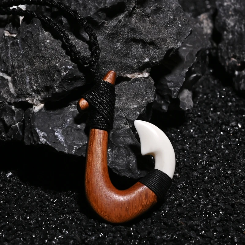 GX060 New Zealand Maori pendant Primitive tribes jewelry Handmade Carved wood fish Hook necklace yak bone necklaces for surfing