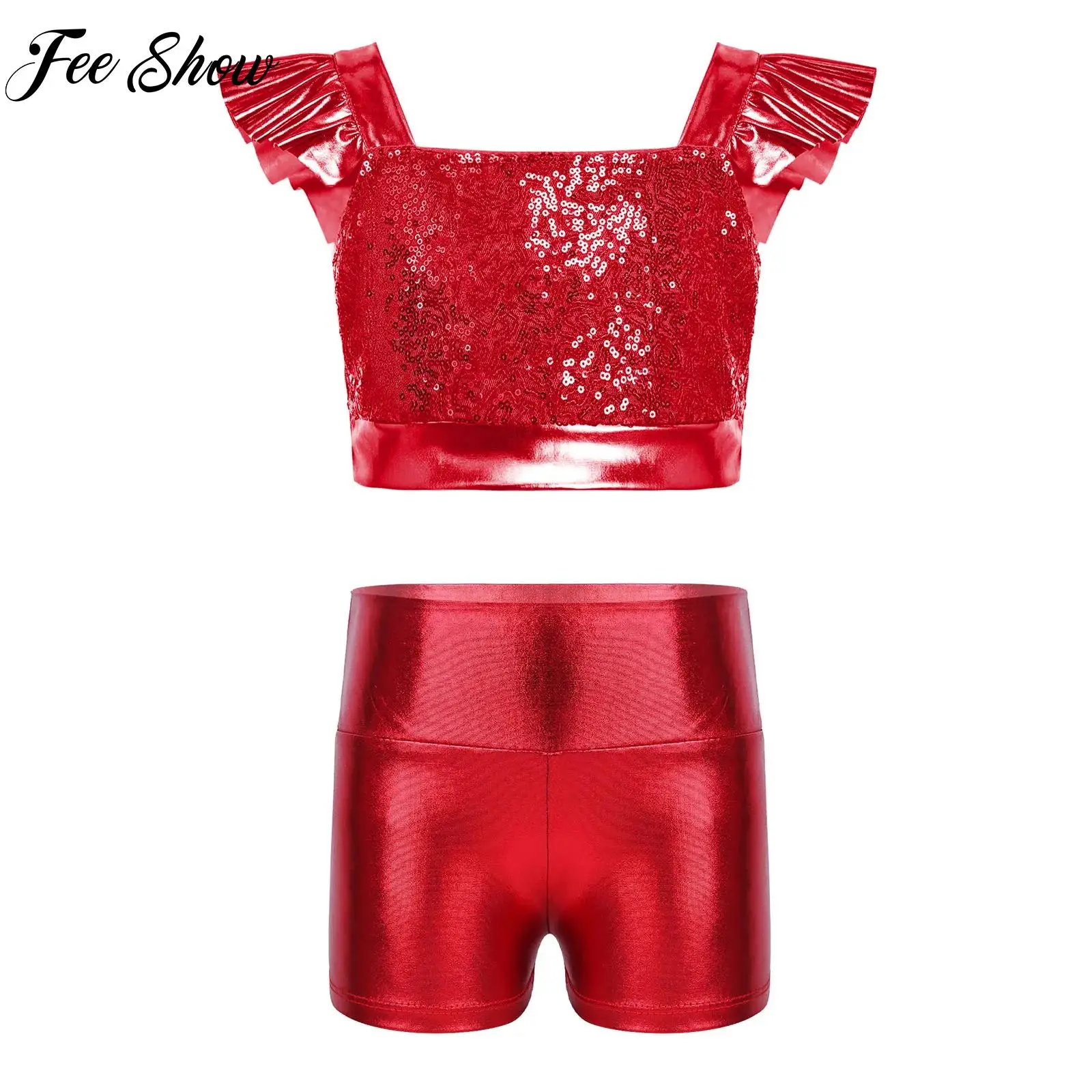 Kids Girls Jazz Dance Performance Outfit Ruffled Sleeves Sparkly Sequin Crop Top with Metallic Shorts Street Cheerleader Costume