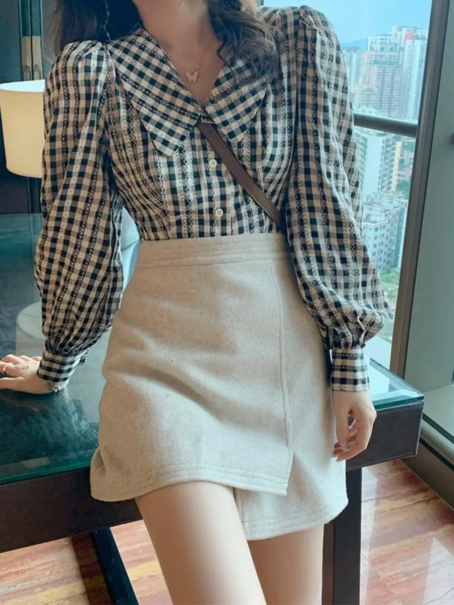 

Женская рубашка в клетку в стиле ретро из Гонконга с длинными рукавами, на пуговицах, с детским воротником, для повседневной носки, для возраста 8-24 лет, осенняя коллекция