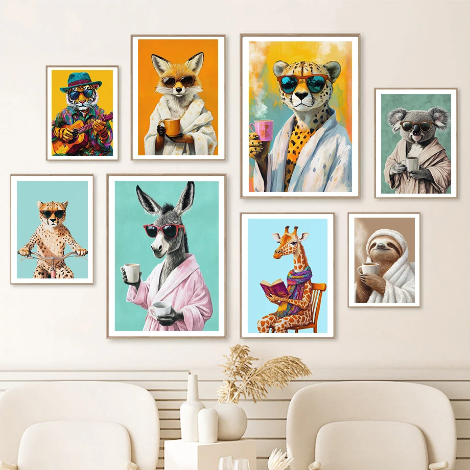 

Animals That Drink Coffee Tiger Playing Guitar Funny Animal Color Art Fashion Wall Art Canvas Painting Nordic Poster Room Decor