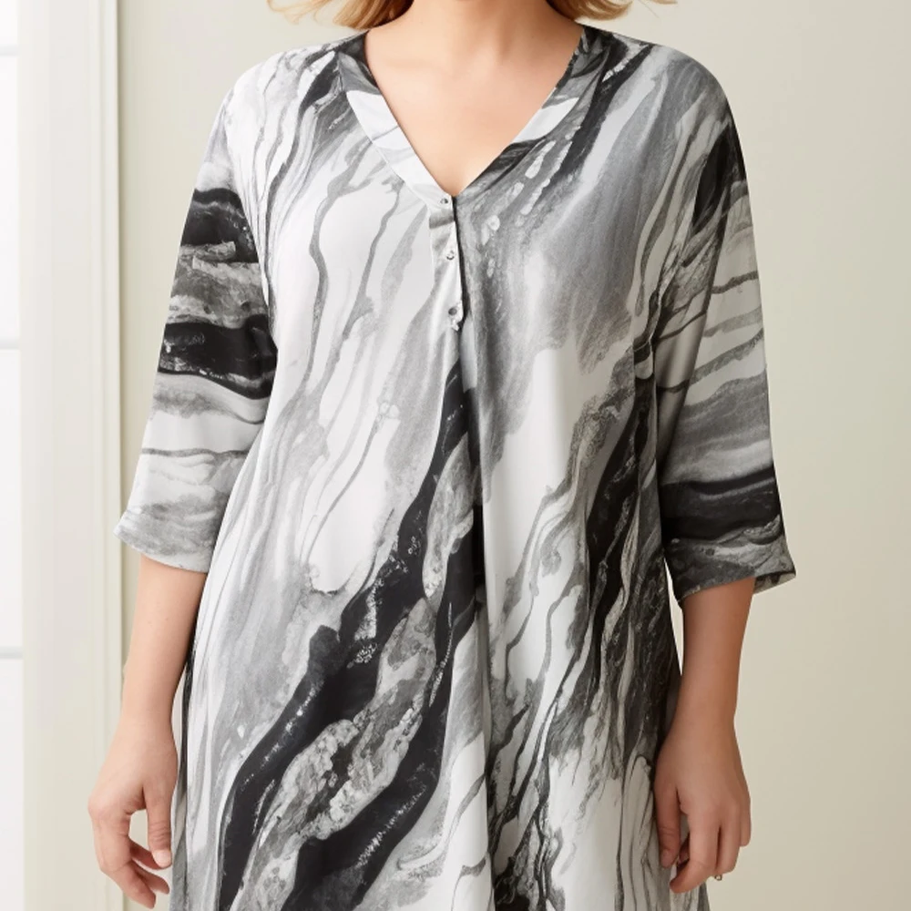 Plus Size Everyday Grey Marble Print 3/4 Sleeve Asymmetric Hem Blouse V-neck Tops