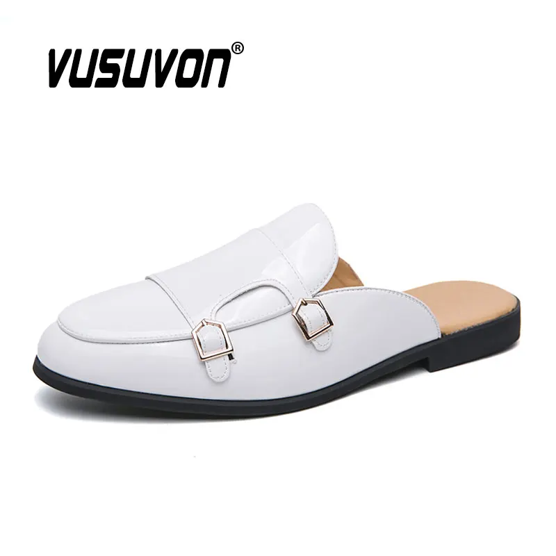 Fashion Men Half Slippers Patent Leather Loafers Breathable Black Shoes Soft Outdoor Casual Flat Women Summer Mules Slides 38-47