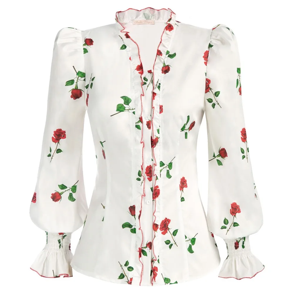 

BP Women Long Lantern Sleeves Shirts Vintage Lady Slim Fit Shirt Ruffles Decorated Button-up Blouse Tops Floral Printed Blouses