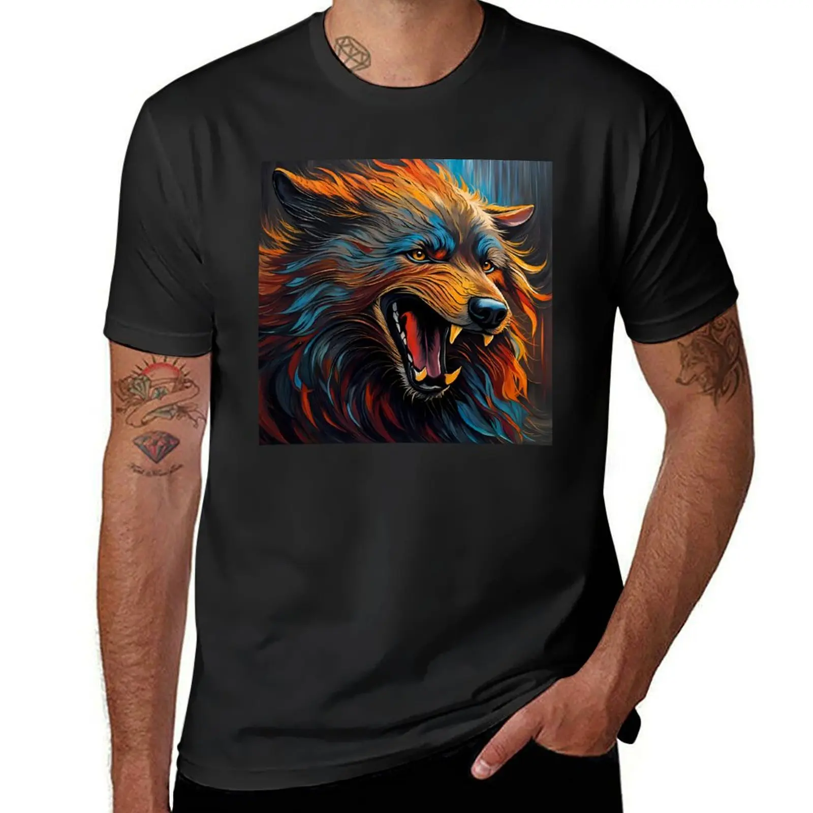 Colourful Wolf, Ai Generated Art T-Shirt summer top oversizeds t shirts men