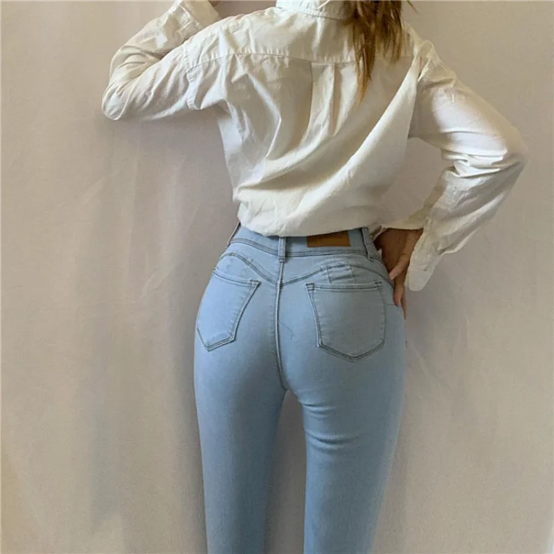 

2023 Summer Women Fashion Sexy Stretch Slim Jeans Push Up Hips Elastic High Waist Blue Denim Pants Casual Trousers Streetwear