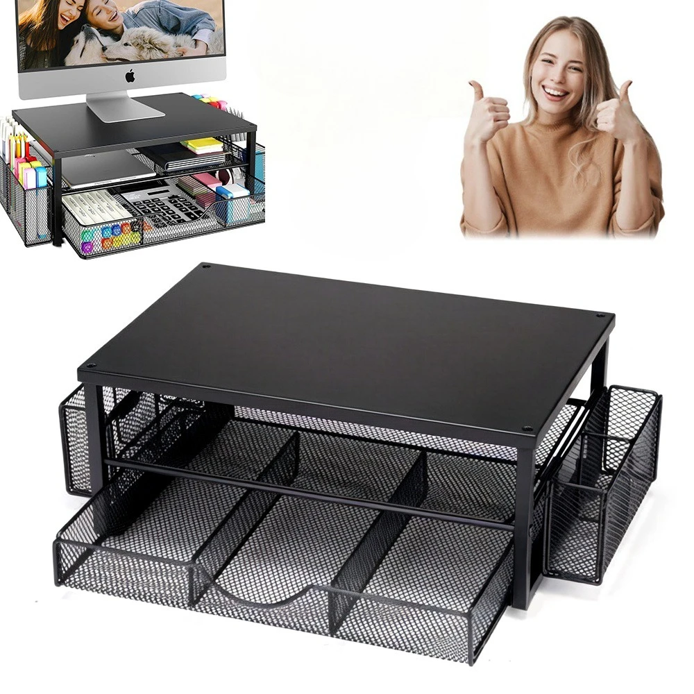 1 set di supporto per monitor a due livelli con cassetto scorrevole e portapenne, scaffale organizer da scrivania per laptop/stampante, supporto in metallo nero per computer, ideale per l’ufficio