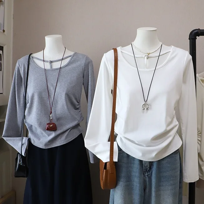 

Ele U-Ne Gored Waist Slimming Long Sve Base irt T-irt Women's Spring 2026 Early Season Faionable Hollow out Top