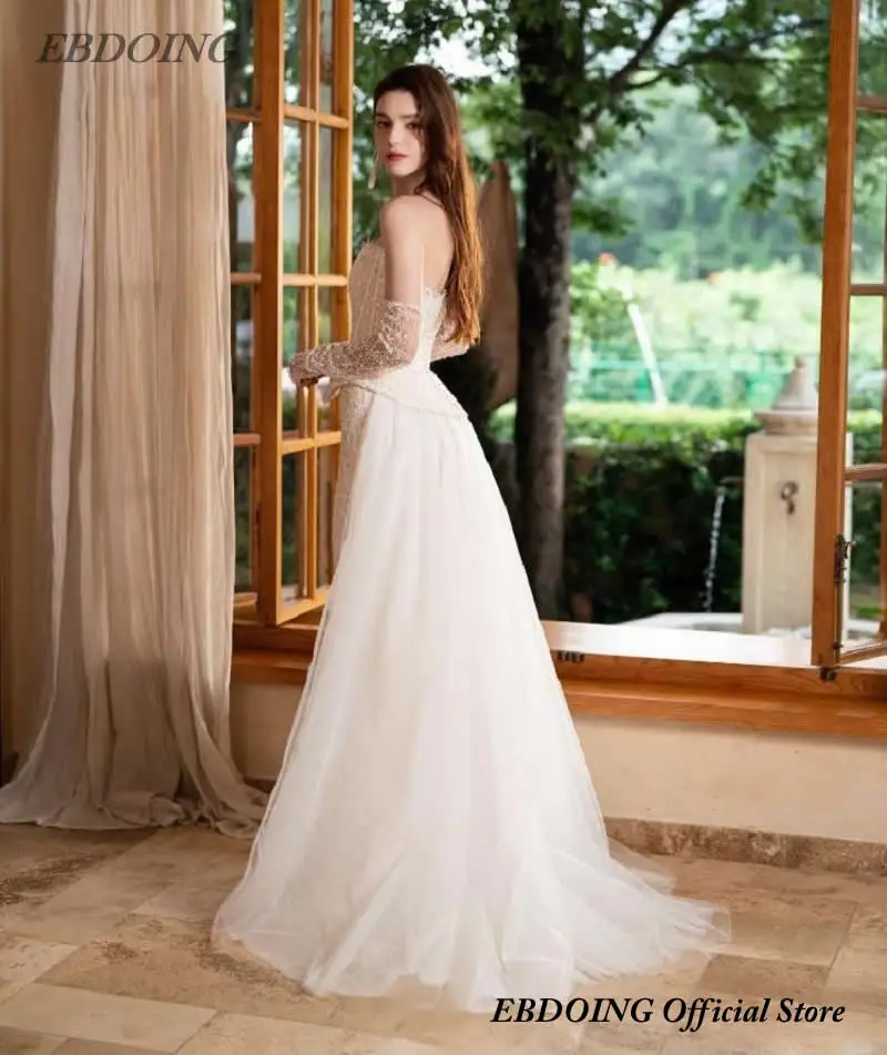 EBDOING Wedding Dress Mermaid Lace Boat Neck Neckline With Detachable Sleeves Customized Bride Gown