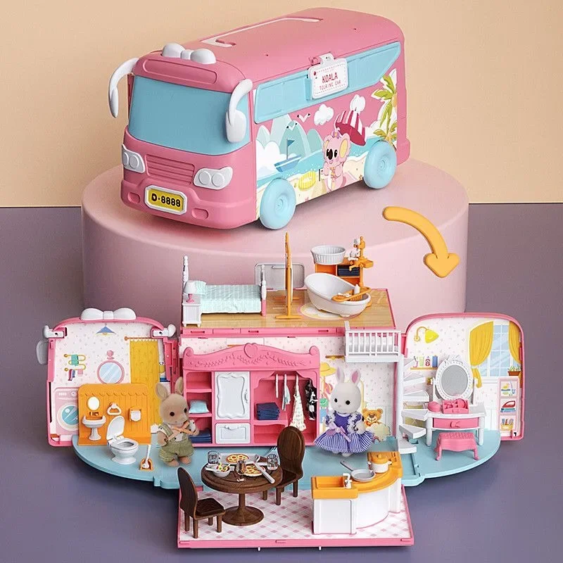 Portable Camper RV Toy Set Role-playing Scene Toy Rabbit Doll Mini Cabin 3-6 year old girl Christmas gift (with rabbit clothes)