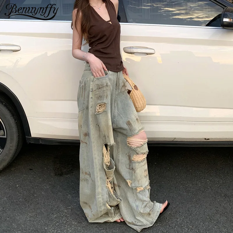

Benuynffy Heavy Industry Do Old Retro Ripped Jeans Women's Streetwear Bf Style High Waisted Y2k Baggy Wide Leg Denim Trousers