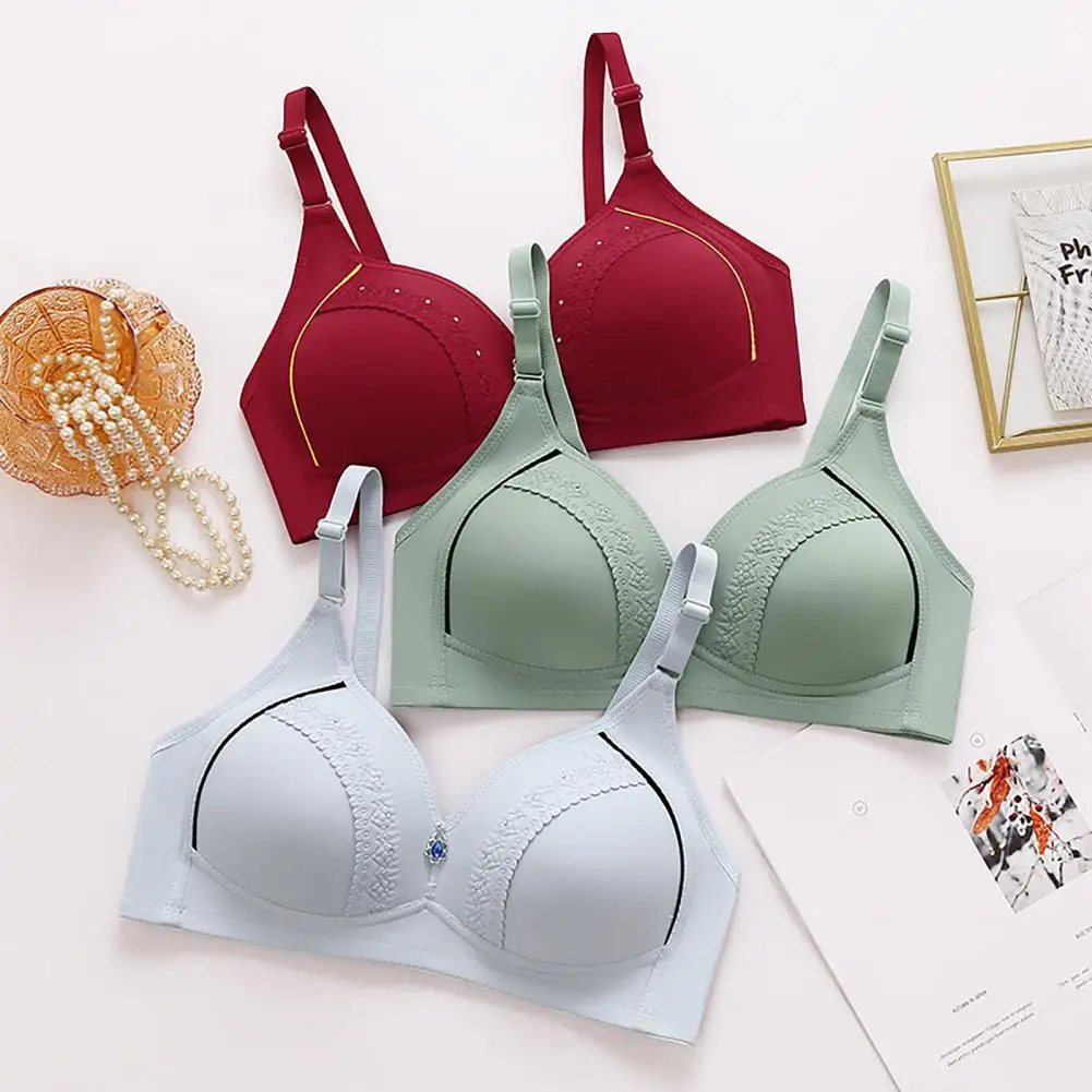 Molded Cup Push-up Bra Elegant Rhinestone Decor Mid-aged Mother Bra with Wide Shoulder Strap for Comfortable Breast Support