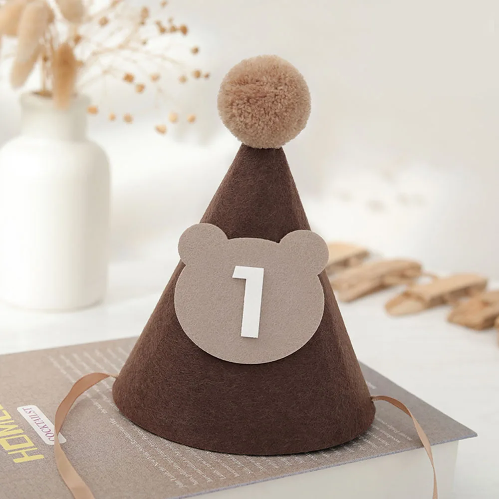 1Pcs Cute Bear Birthday Hat Brown Thick Non-Woven Birthday Party Supplies Birthday Party Hats Baby Shower Party Decorations