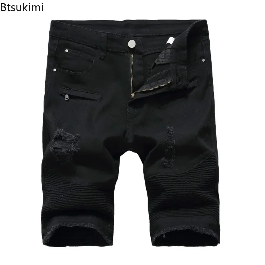 2025 Men's Ripped Short Jeans Solid Hollow Out Summer Distressed Hole Shorts Cowboys Knee Length Denim Shorts Male Size 28-42