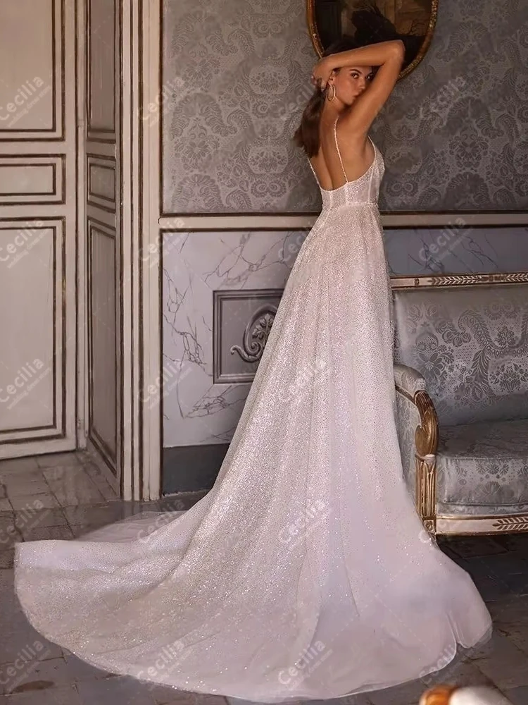 Graceful Wedding Dresses A Line Glitter Bridal Gowns Spaghetti Straps Robes Deep V Neck Charming Customized Vestidos De Novia