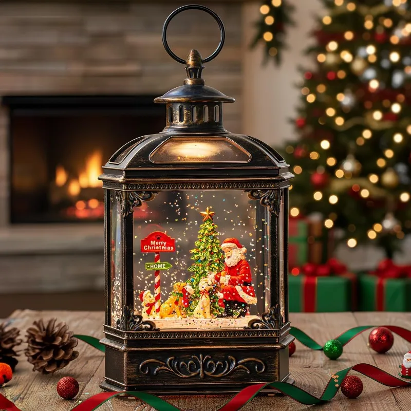 

Christmas Snow Globe Lantern with Santa & Pups, Music & Timer, USB/Battery Lighted Decor Gift