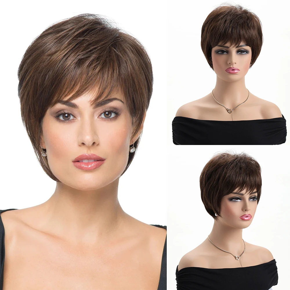 วิกผมสีน้ําตาลวิกผมสังเคราะห์ธรรมชาติสําหรับผู้หญิง 10 นิ้ววิกผมหยิกสั้น Daily PARTY ผมทนความร้อน