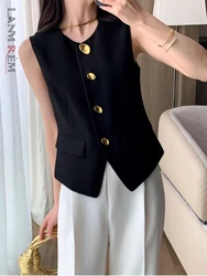 LANMREM Black Vest For Women Metal Button Slim Female All Match Fashion Coat Office Lady 2024 Summer Autumn New 2DA5810