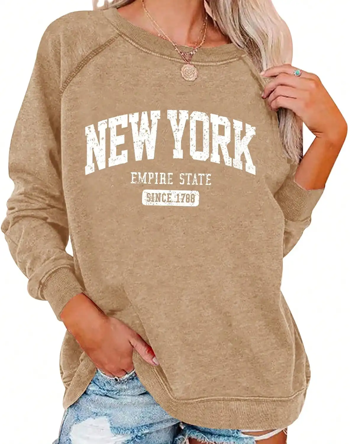 

Fisoew женская толстовка с буквенным принтом Нью-Йорка, повседневный пуловер с круглым вырезом и длинными рукавами, свободный крой, рубашка