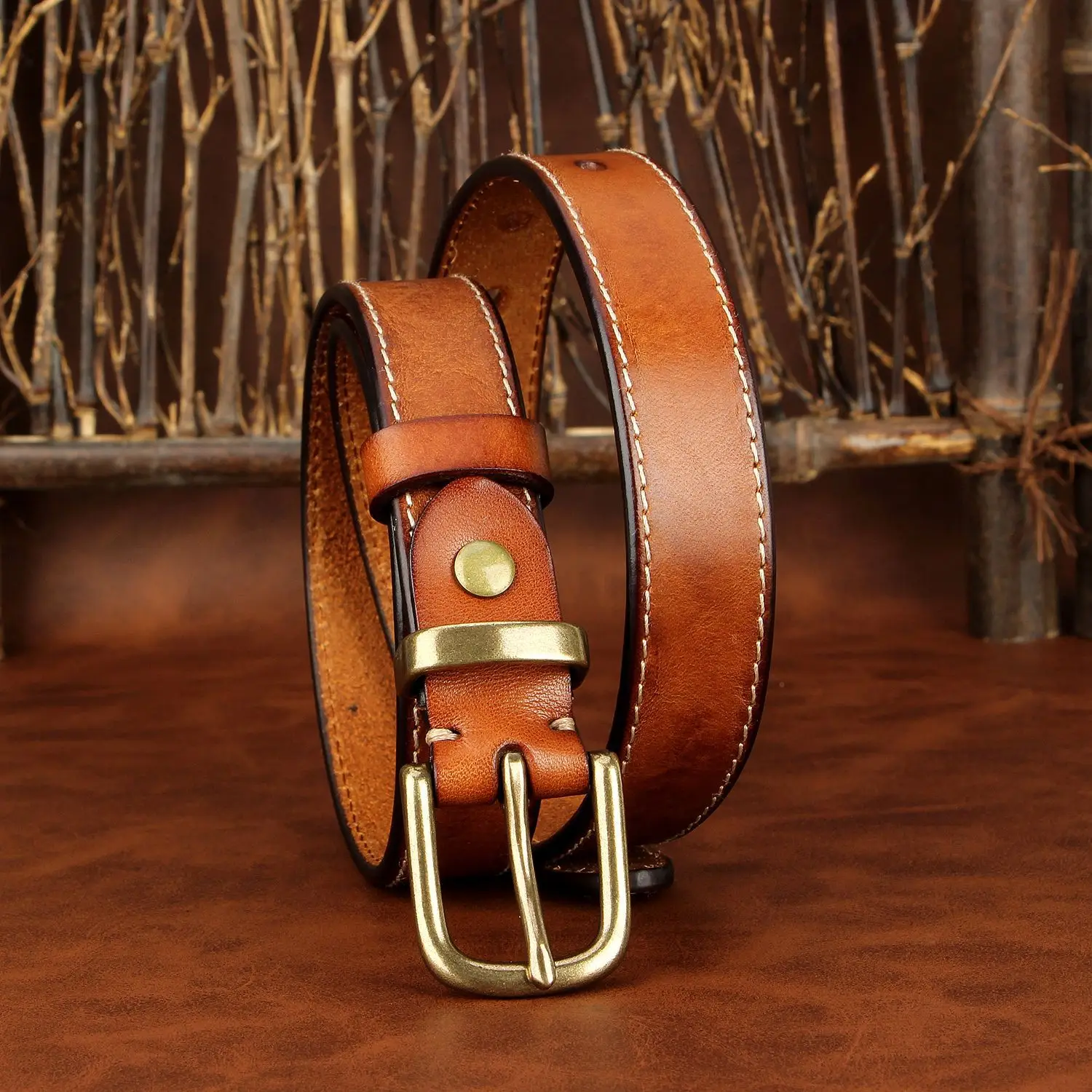 

2.4cm Brass Needle Buckle Cowhide Vintage Handmade Genuine Leather Belt, Casual Denim Versatile Belt, Women's Pants Belts