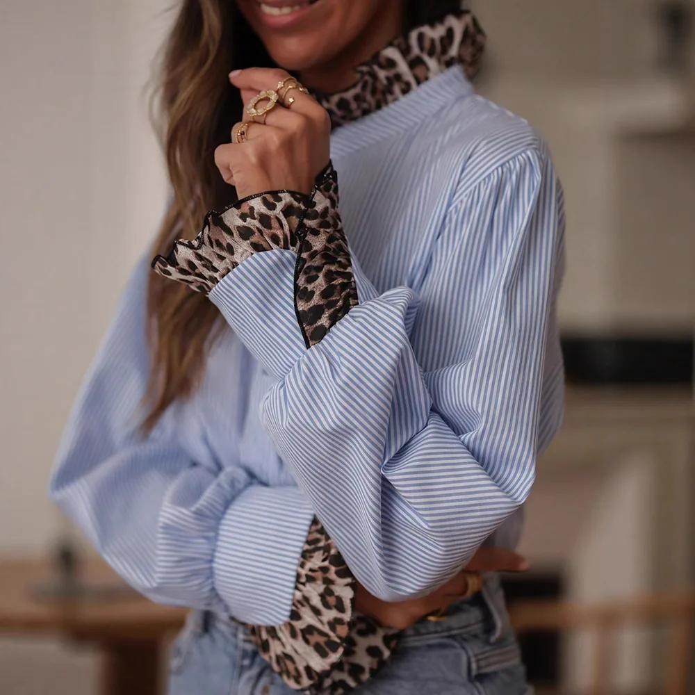 

Women's Fall Shirts Button Down with Leopard Print and Stripes Mix, Patchwork Casual Trendy Style Shirts