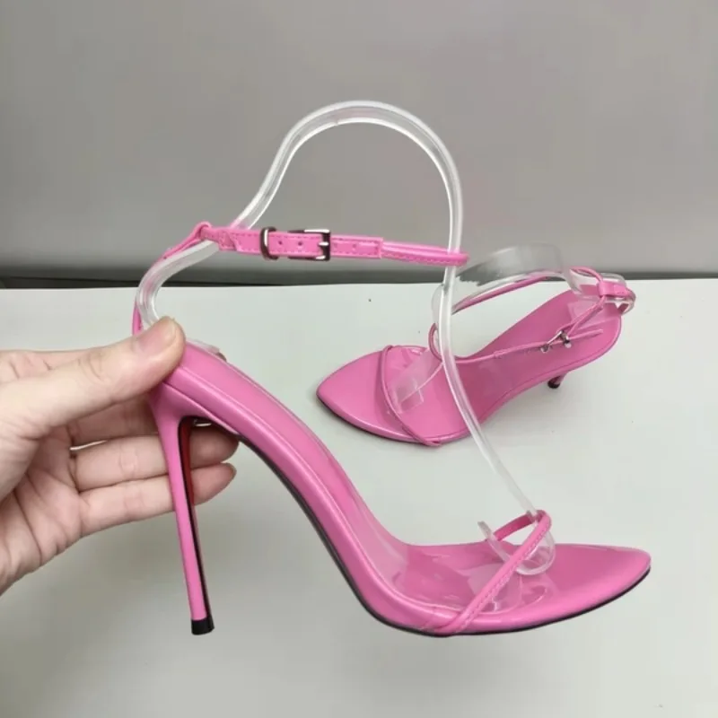 New Pink High Heels with Pointed Straight Strap and Thin Heel Sandals for Women, Exposed Toes, Commuting Half Slippers