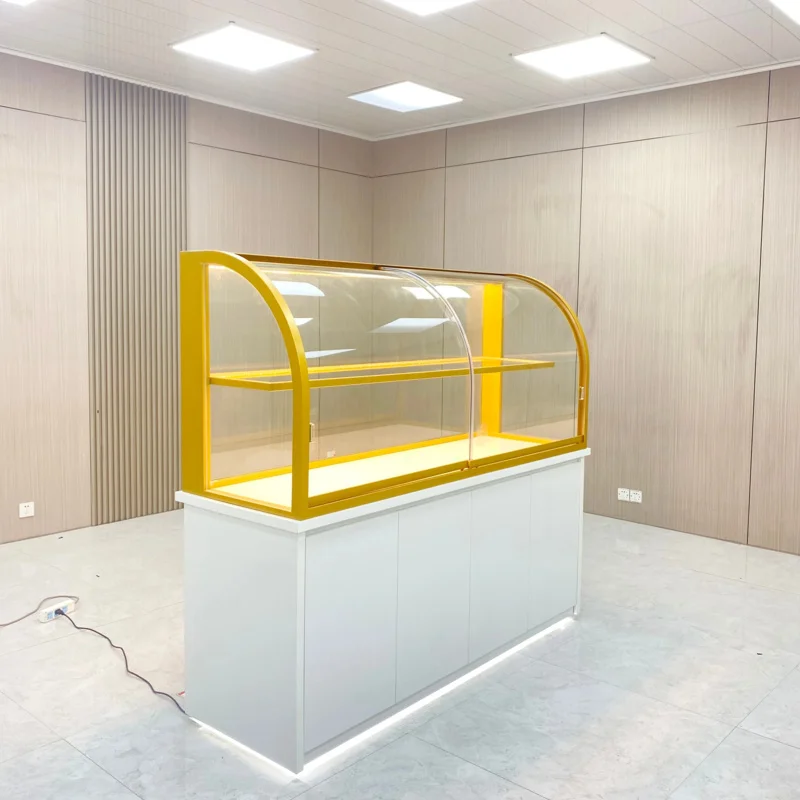 

Customize.Hong Zhan Commercial Metal Paint Bakery Display Cabinet Customized Color Transparent Tempered Glass LED Lit Eco-Friend