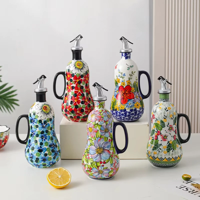 

Flowers Plants Ceramic Olive Oil Bottle Soy Sauce Vinegar Multifunctional Kitchen Seasoning Drainage Bottle Kitchen Accessories