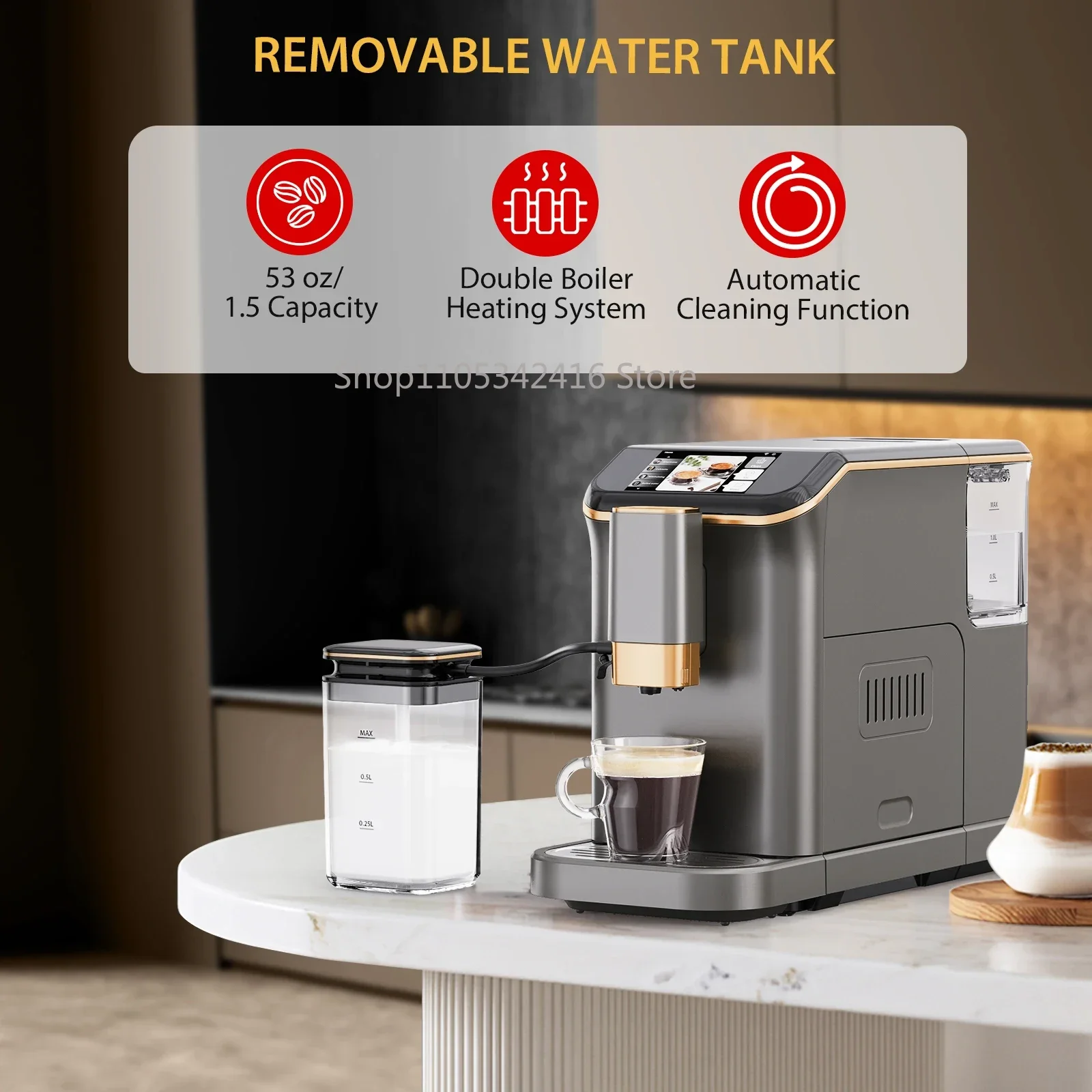 20 Bar Fully Automatic Espresso Coffee Machine with Grinder & Milk Frother 6 Beverage Options for Home Cafe Use