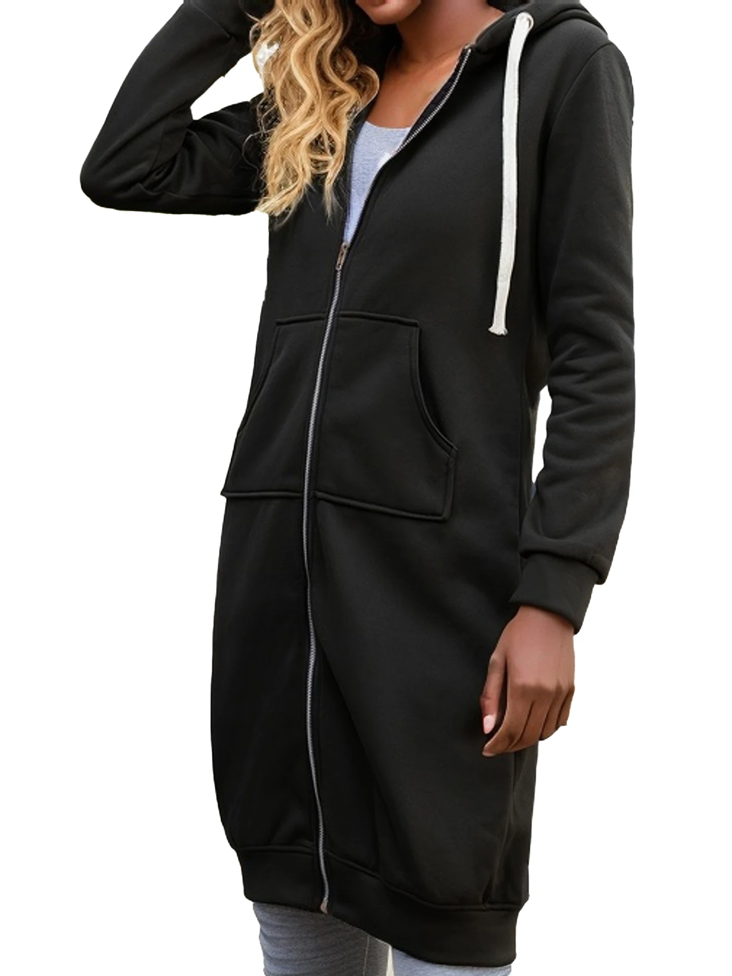 Plus Size Long Hoodies Tunic Fashion Sweatshirts Fleece Knitted Zip Up  Jackets With Pockets For Women