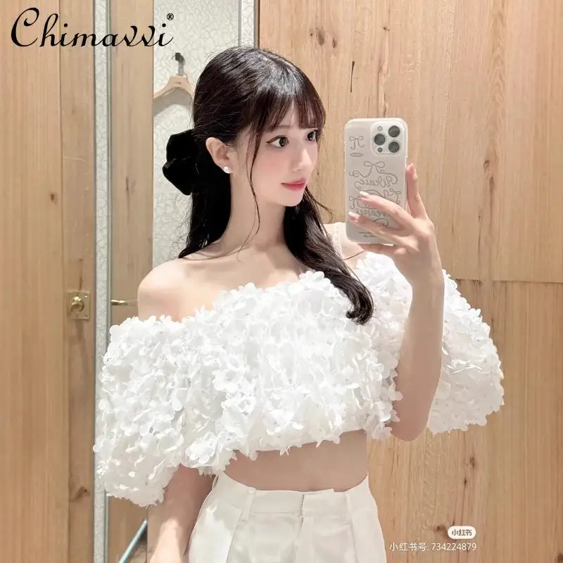 Japanese 3D Petal Bubble Sleeve slash neck Collar Shirt Spring and Summer New Sweet and Sexy Girl High-waisted Short Blouse Tops