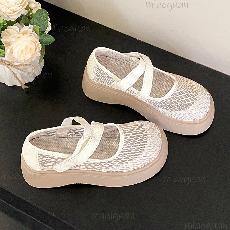 

Hollow Out Women Flats Summer New Thick Bottom Versatile Breathable Fashion Slip on Mary Jane Women's Shoes Casual Beige Sandals