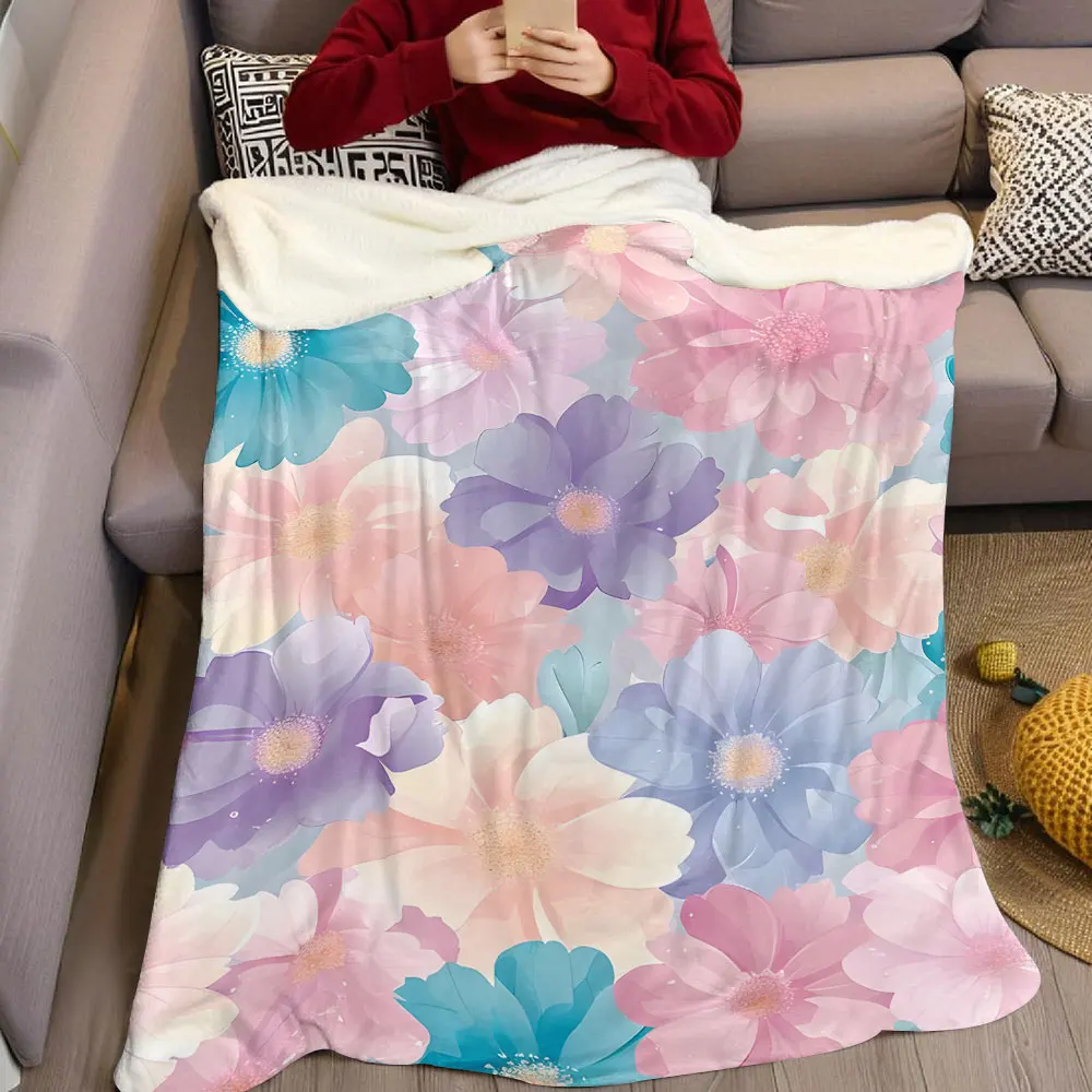 Pastel Watercolor Floral Flannel Blanket Warm Soft Halloween Christmas Decorative Couch Warm Cozy All-Season Gift