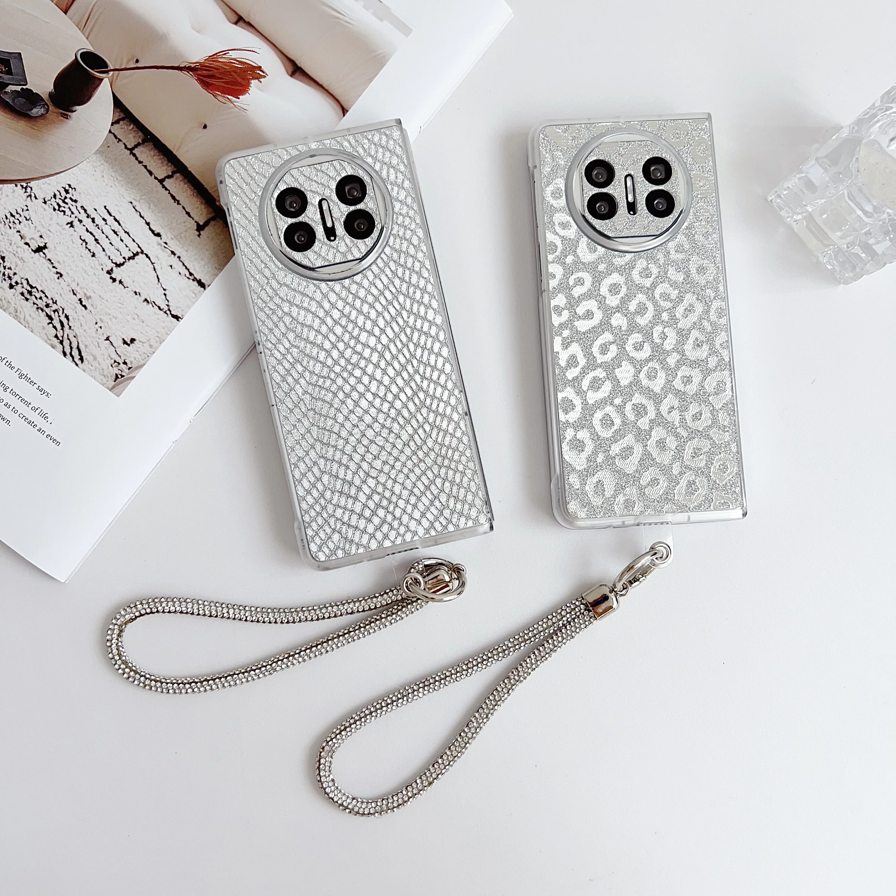 

Back Cover For Huawei Mate X3 X5 X6 Case Sliver Laser Leopard Panther Snake Pattern Hand Straps Rope Hard Pc Phone Case