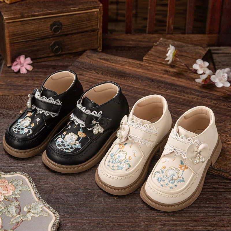 New Children's Leather Shoes Sweet Bowknot Girls Embroidered Causal Flats Princess Wedding Party Kids Fashion Mary Jane Shoes