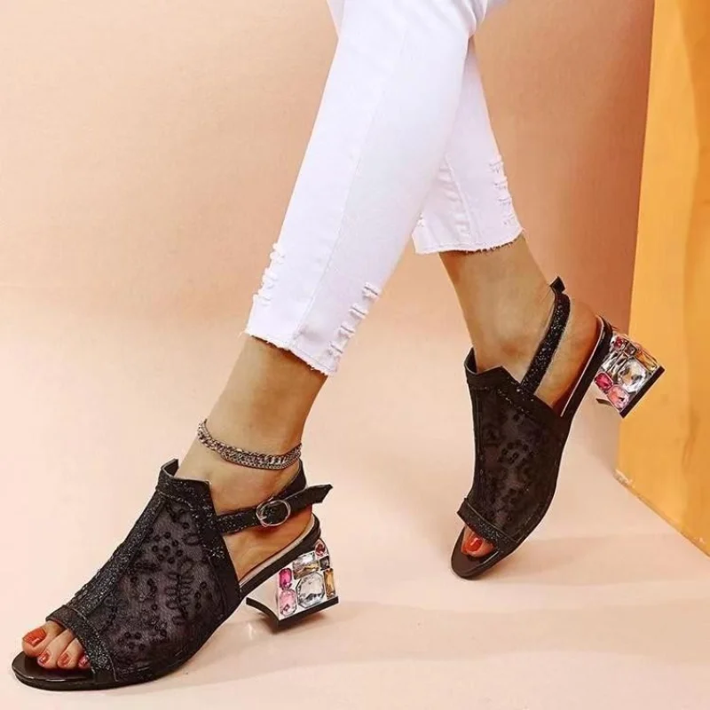 2023 New Women Summer Fashion Mid Heels Peep Toe Shoes for Women Glitter Sandals Ladies Buckle Strap Bling  Rhinestone Sandals