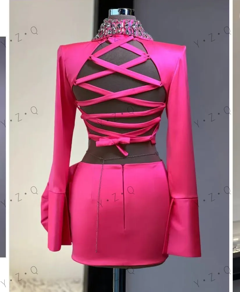 2 pièces robes de bal rose manches longues perles cristaux robe de soirée plissée florale robes de bal courtes ensemble découpé au-dessus du genou longueur