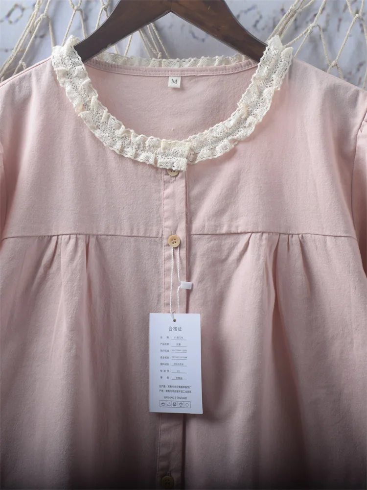 New Summer 100% Cotton Short Sleeve Shirt Round Collar Ruched Tops Mori Girl Casual Sweet Loose Blouse 2024 Autumn T46702QM