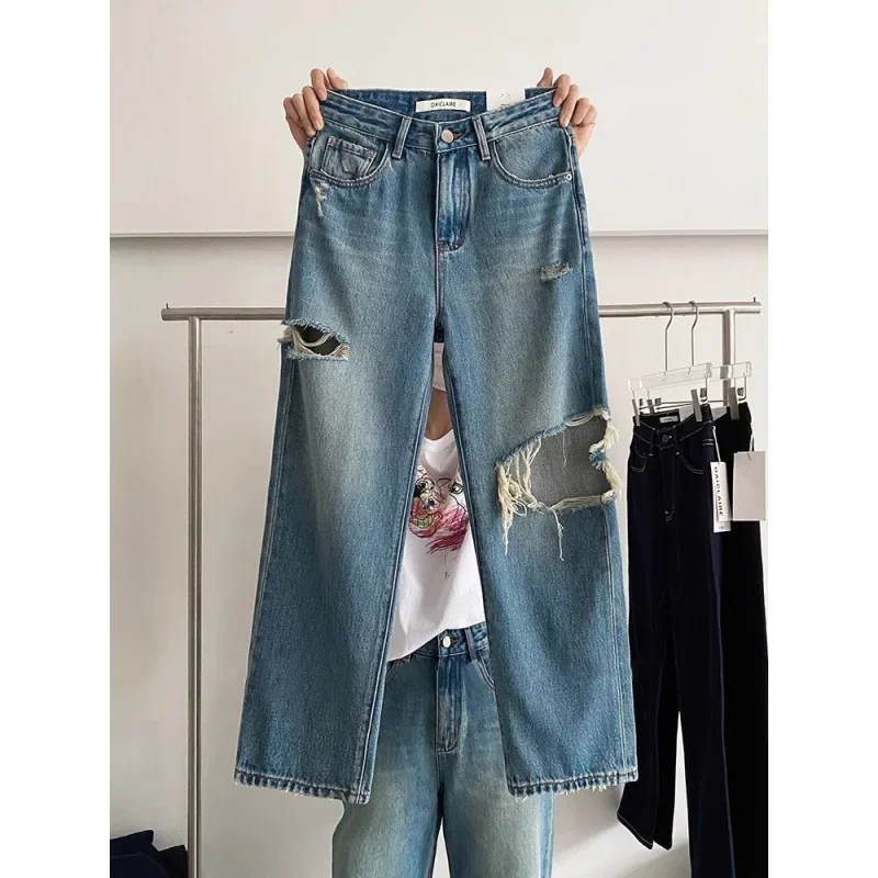 

Hole Jeans Women Straight Pants Loose Vintage Pockets Button High Waist Ankle Length Denim Trousers 2024 Casual Washed Denims