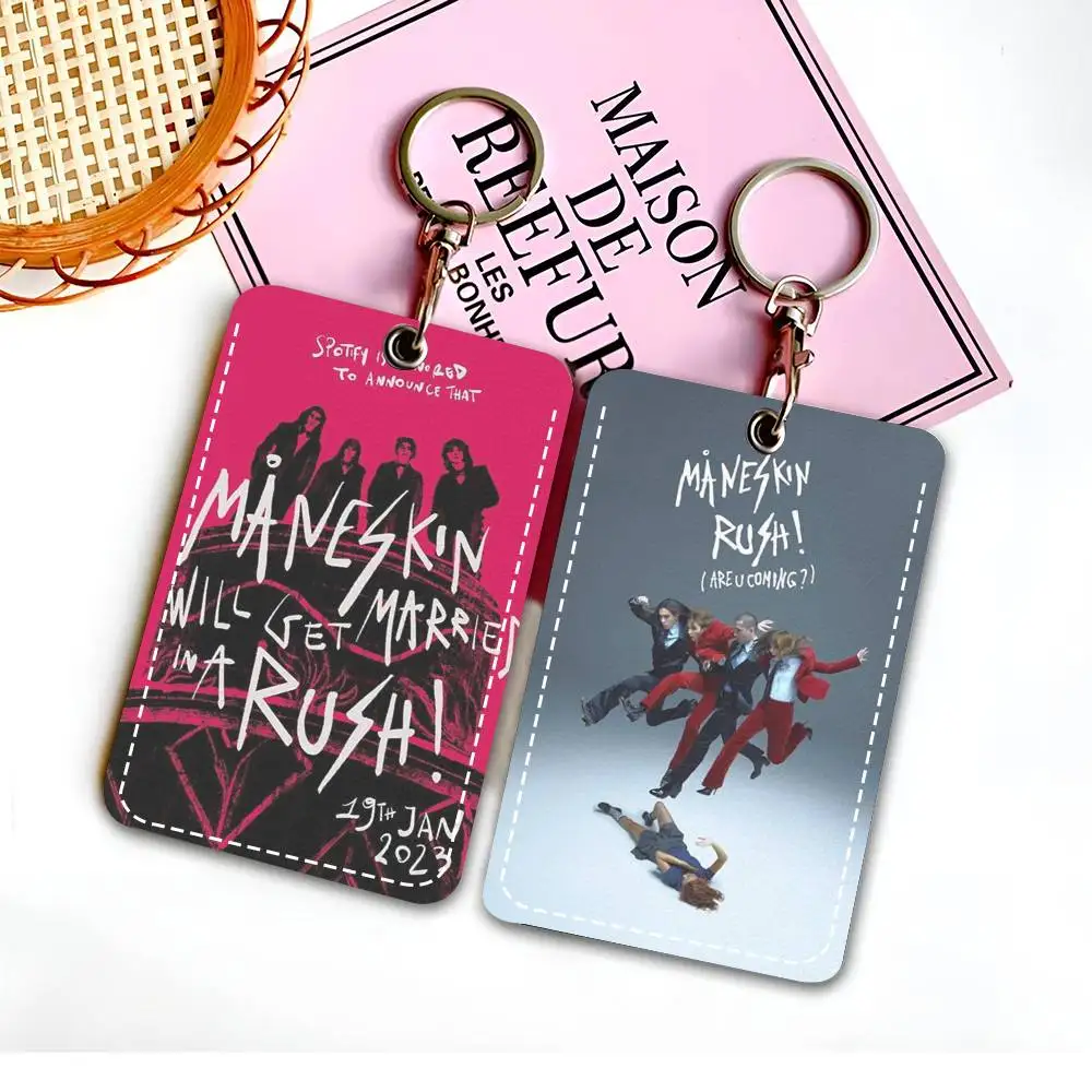 

M-maneskin rush Rectangle ID Card Case Keychain Access Card Bag Key Tag Ring Leather Card Holder Key Ring Access