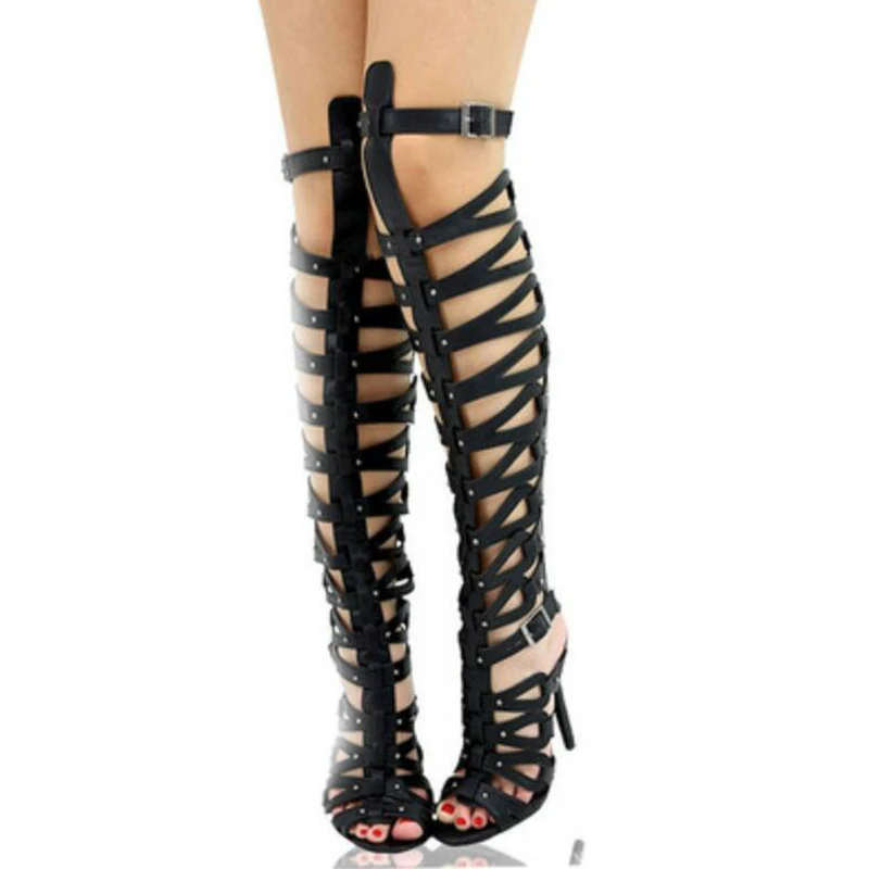 مثير قطرة عبر الأشرطة مشبك معدني الفخذ الصنادل الأحذية رقيقة عالية الكعب اللمحة تو جوفاء النساء فوق الركبة الصيف بوتاس