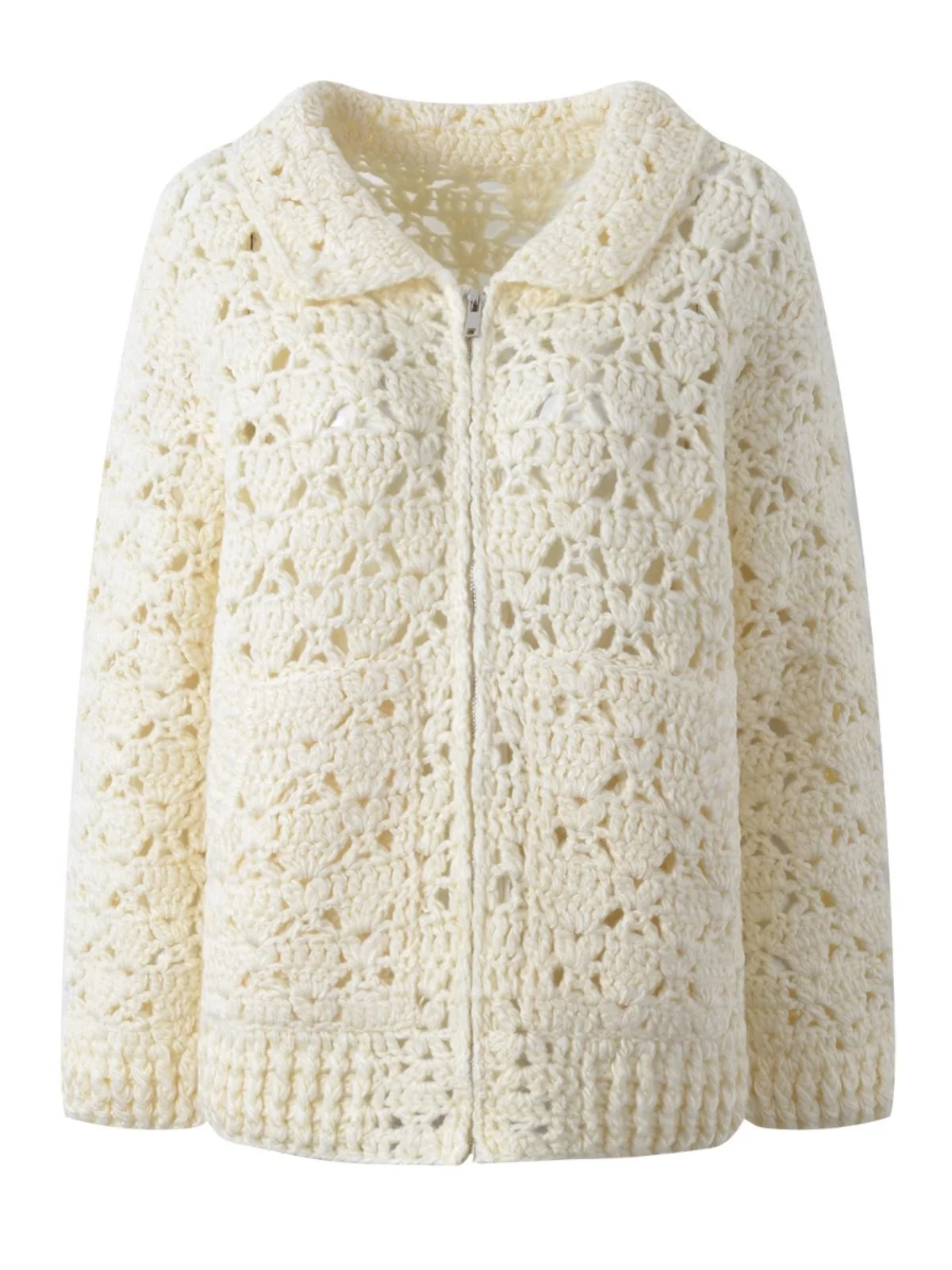 

Early Spring Knitted Open Cardigan Double Zipper Hollow out Design Loose Fit Versatile Long Sve Woolen Coat with Turn-down...